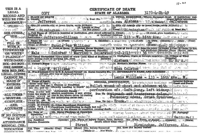 Sammie Lee Williams – Certificate of Death (Original)