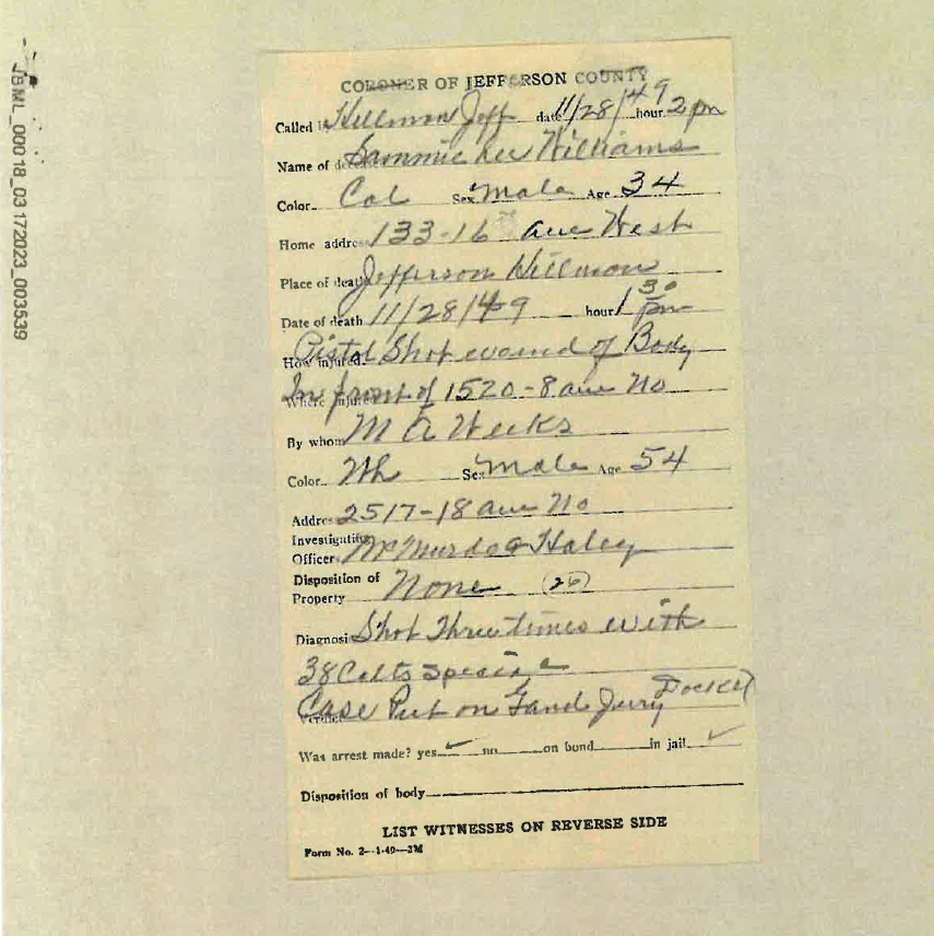 Sammie Lee Williams – Jefferson County Coroner Record for Sammie Lee Williams