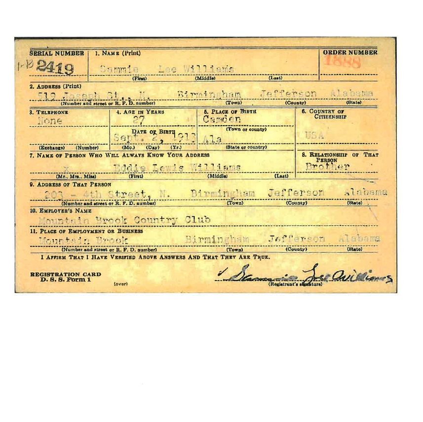 Sammie Lee Williams – Registration Card