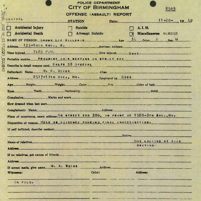 Sammie Lee Williams – Birmingham Police Offense (Assault) Report